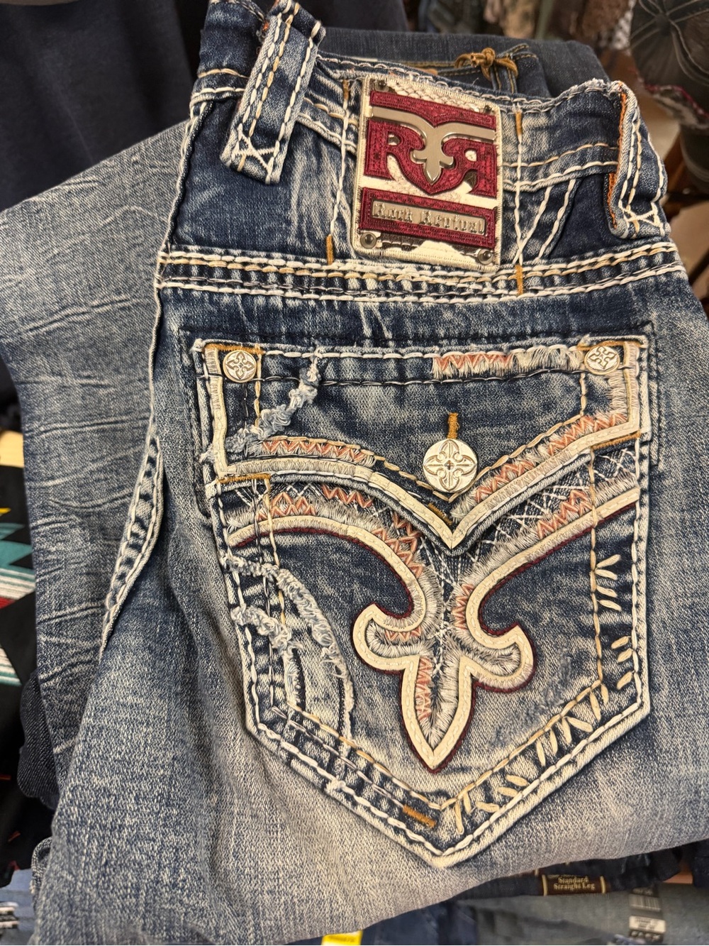 Rock Revival Men's Distressed Blue Embroidered Straight Jeans